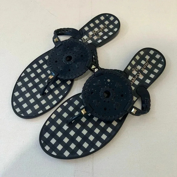 Jack Rogers Shoes - Women's 9 Jack Rogers Georgica Thong Jelly Sandals Navy Blue Gingham White